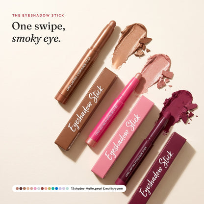 kin Eyeshadow sticks in Pearl Golden Brown, Pearl Rose Gold and Matte Deep Magenta with their boxes and swatches