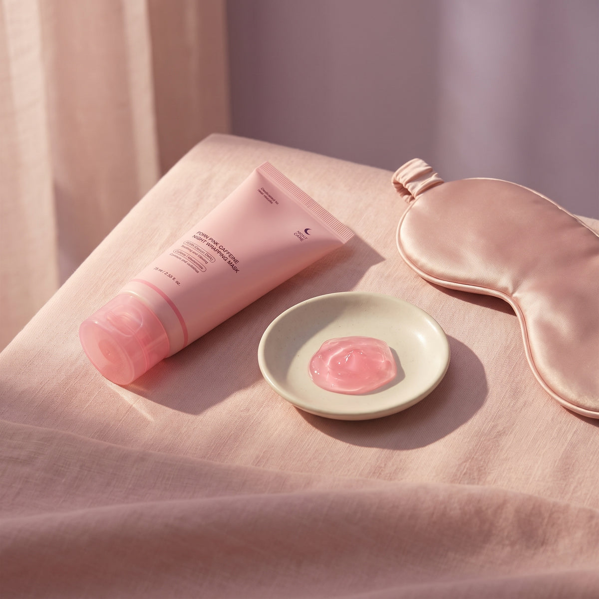 PDRN Pink Caffeine Night Mask with a silk sleep mask