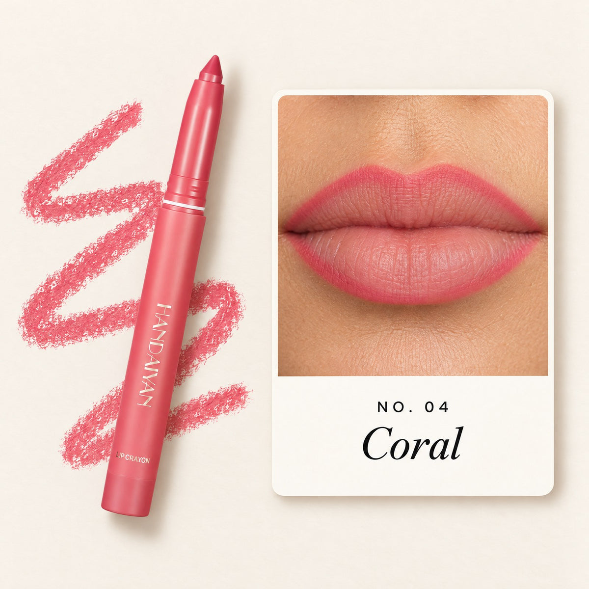 Shade 04 Coral: lip liner on lips and the Lock-In stick
