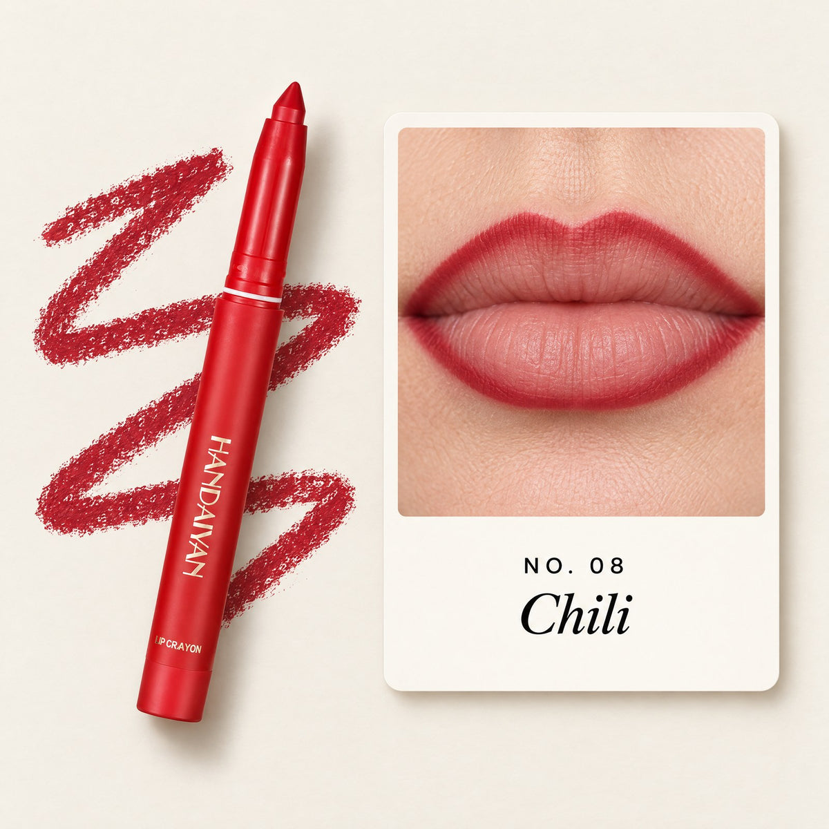 Shade 08 Chili: lip liner on lips and the Lock-In stick