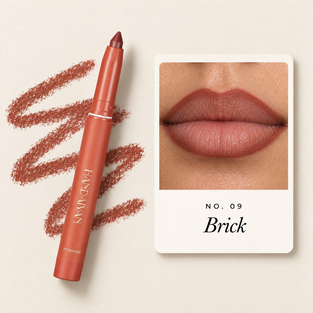 Shade 09 Brick: lip liner on lips and the Lock-In stick
